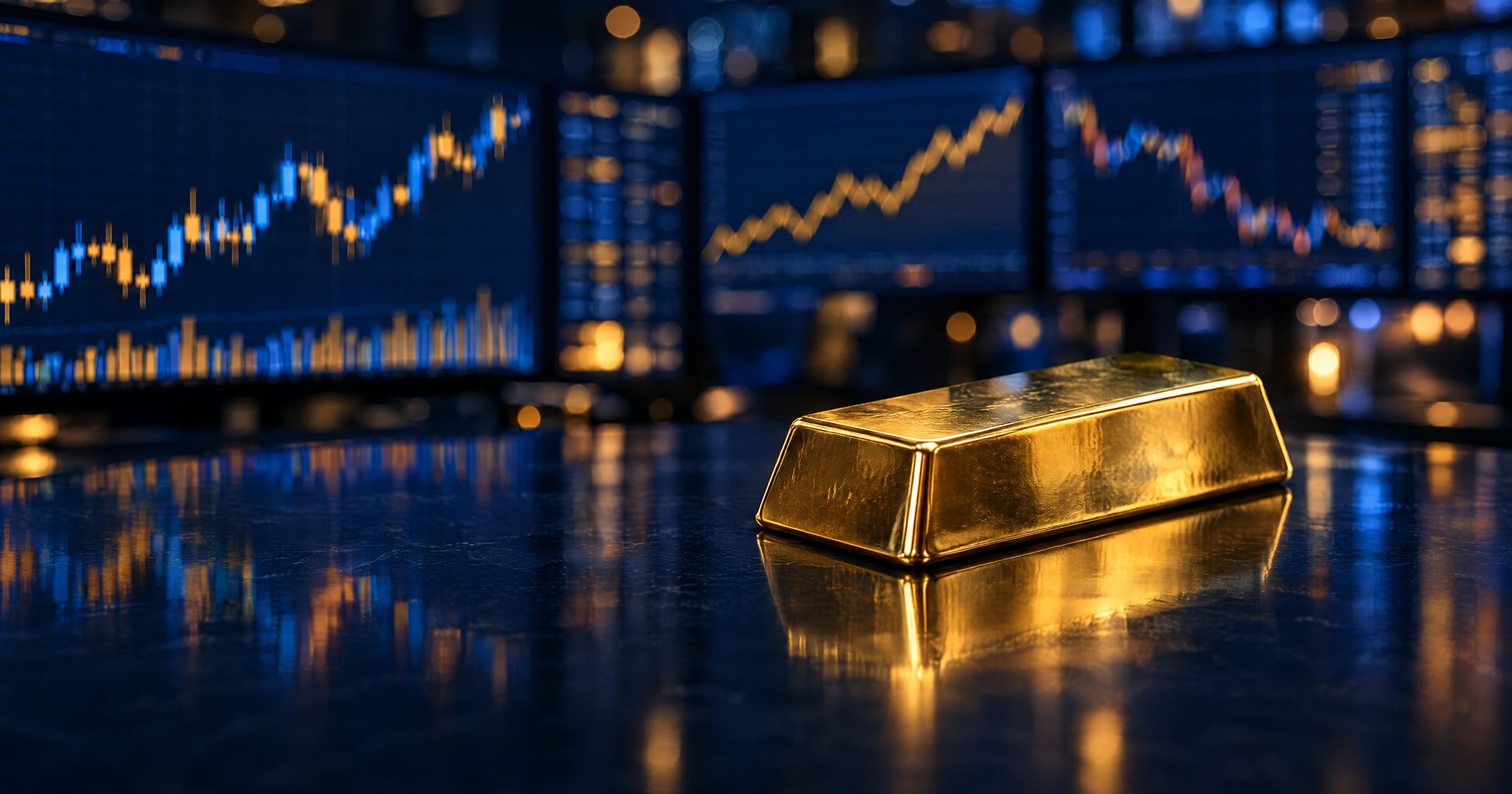 Gold bullion bar on a dark trading desk with candlestick and line charts on screens behind it